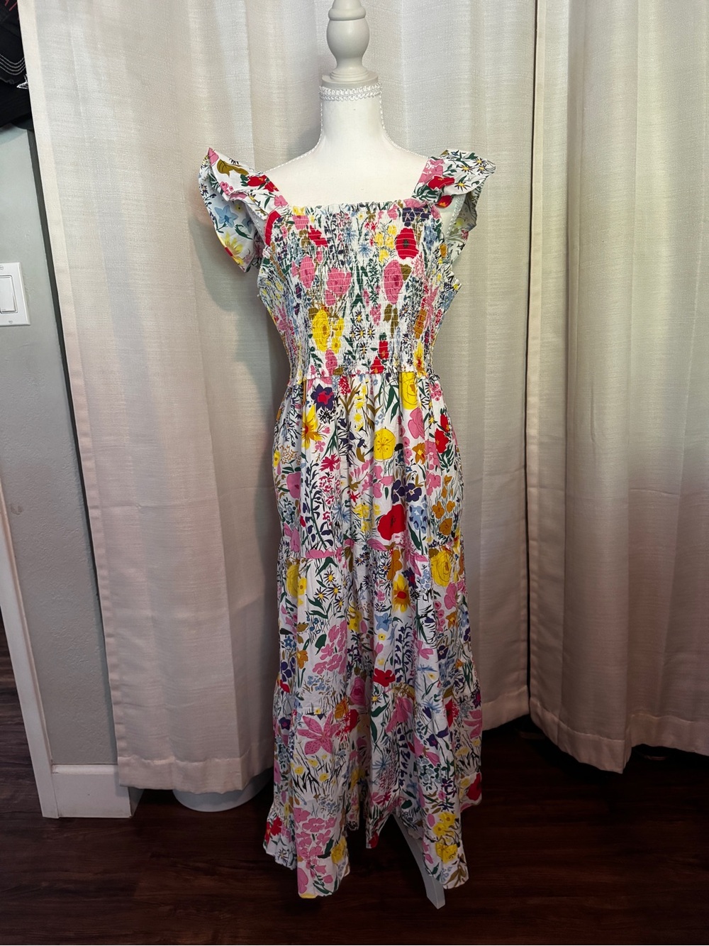 THML White Floral Smocked Maxi Dress with Pink & Yellow Accents